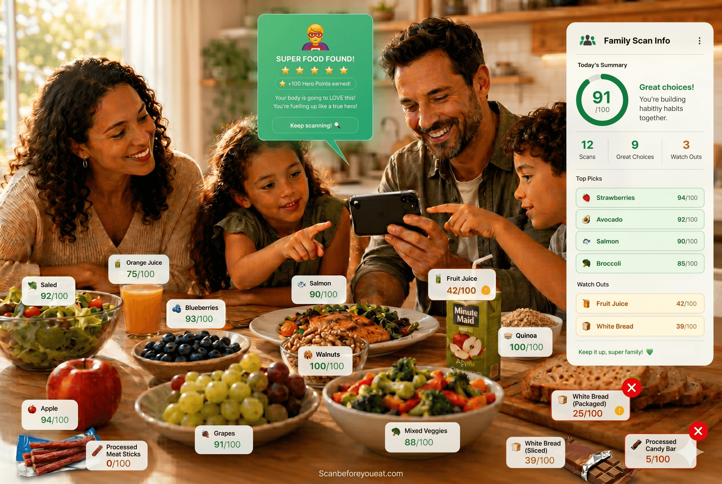 Family using ScanBeforeYouEat — health scores on food around the table